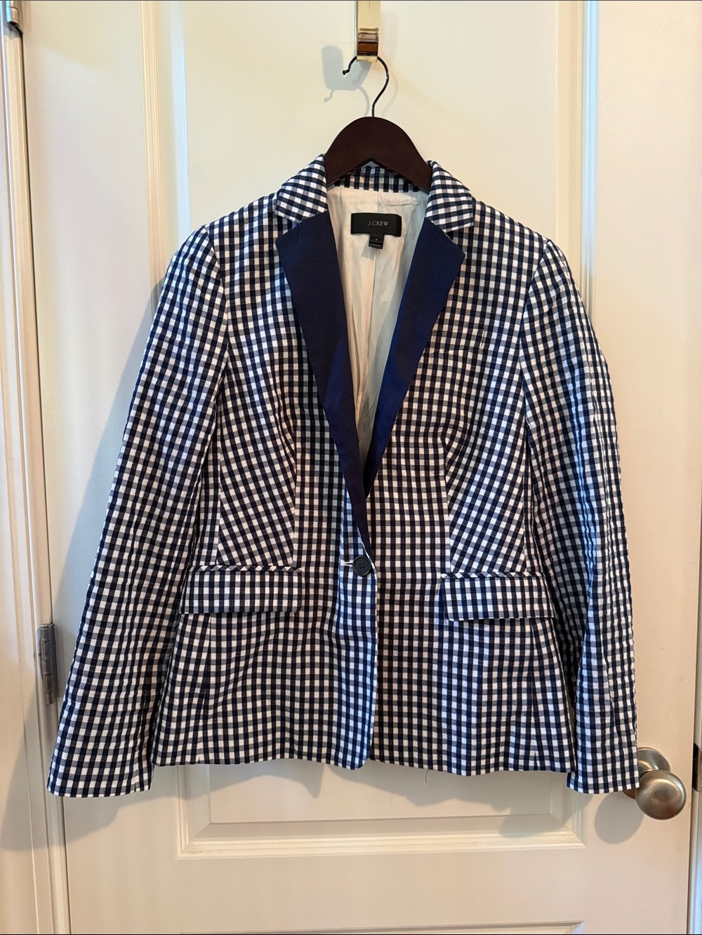 J. Crew Navy and White Gingham Blazer with Contrast Lapel